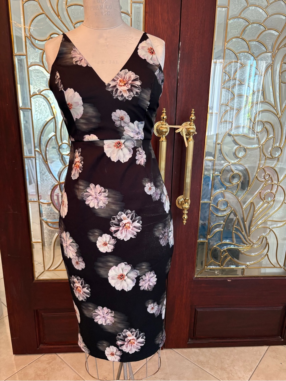 Black Floral V-Neck Midi Dress